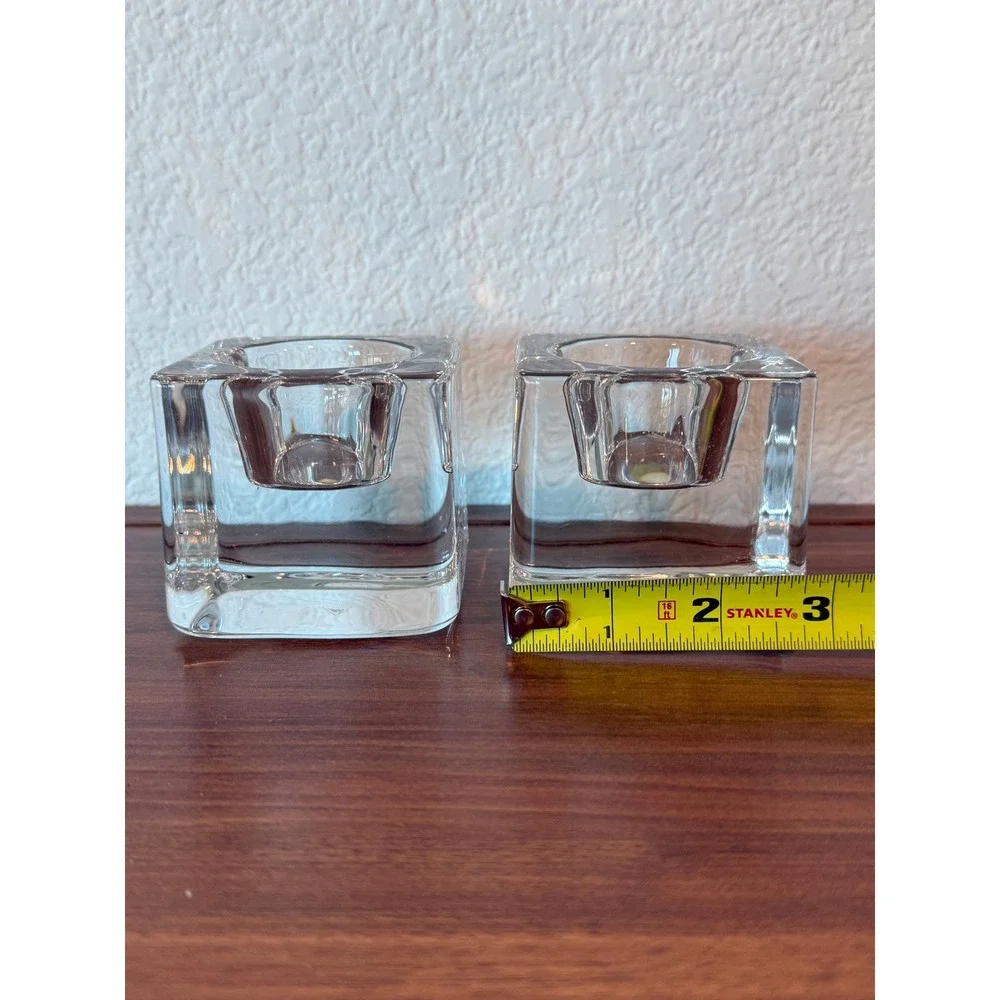 Orrefors Sweden PAIR of Ice‎ Cube Crystal Votive Candle Holders 2 3/4